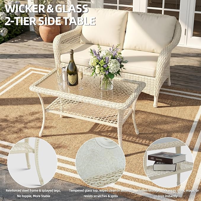 Cream White Wicker/Glass Top