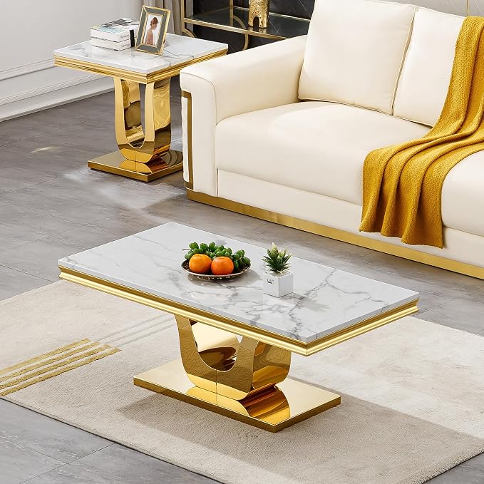 U Base - White & Gold Faux Marble Coffee Table
