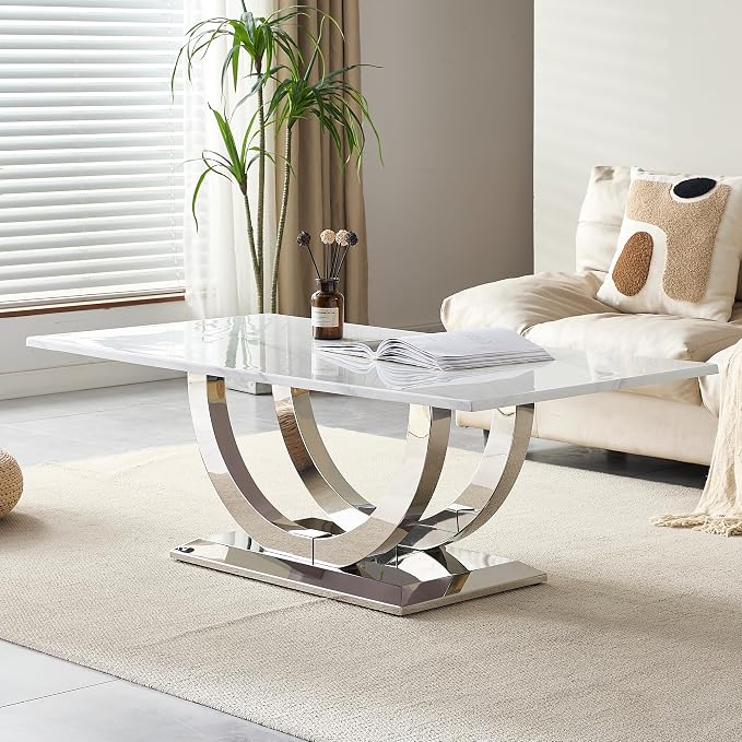 White Faux Marble & Silver - Coffee Table