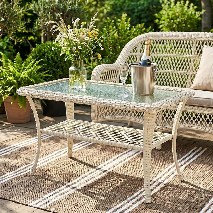 Cream White Wicker/Glass Top