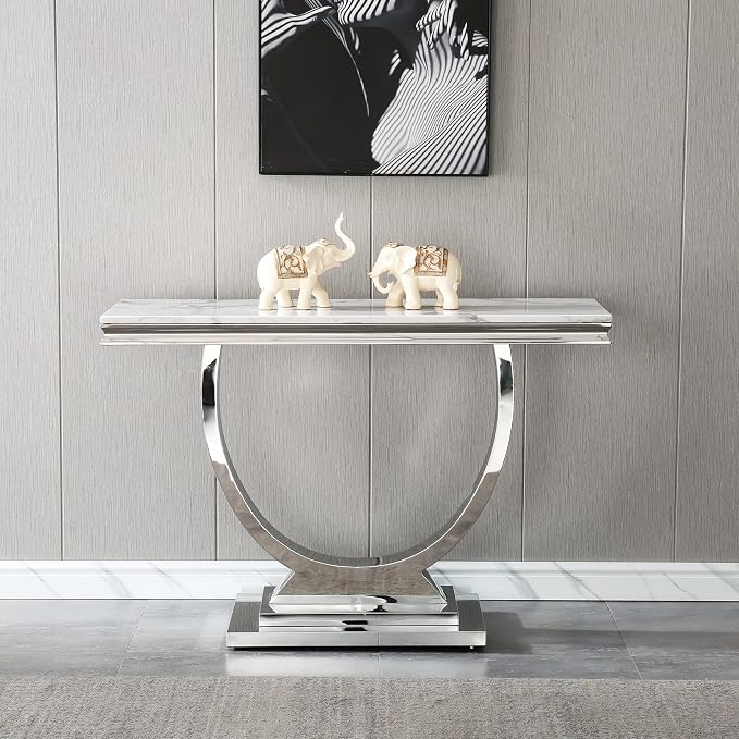 White & Silver Faux Marble Console Table