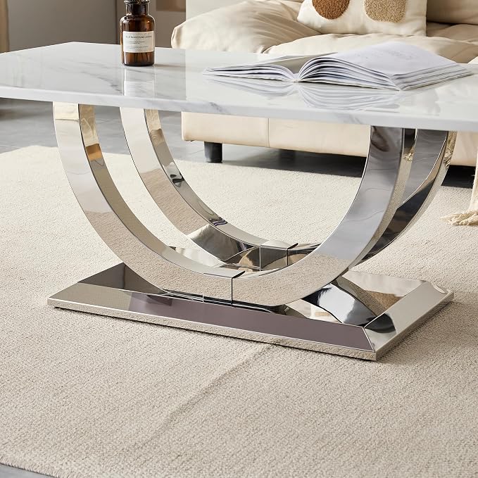 White Faux Marble & Silver - Coffee Table