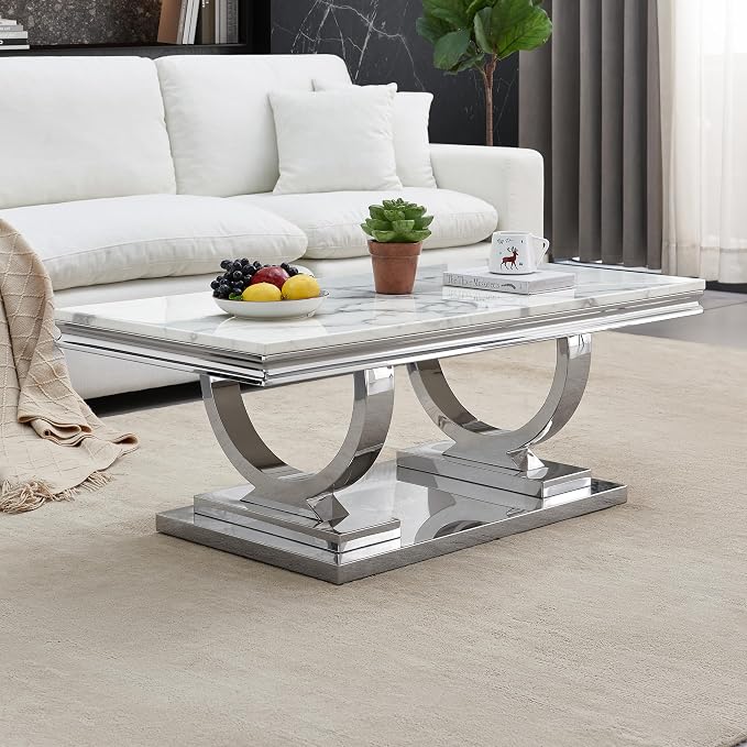 White & Silver Faux Marble Coffee Table