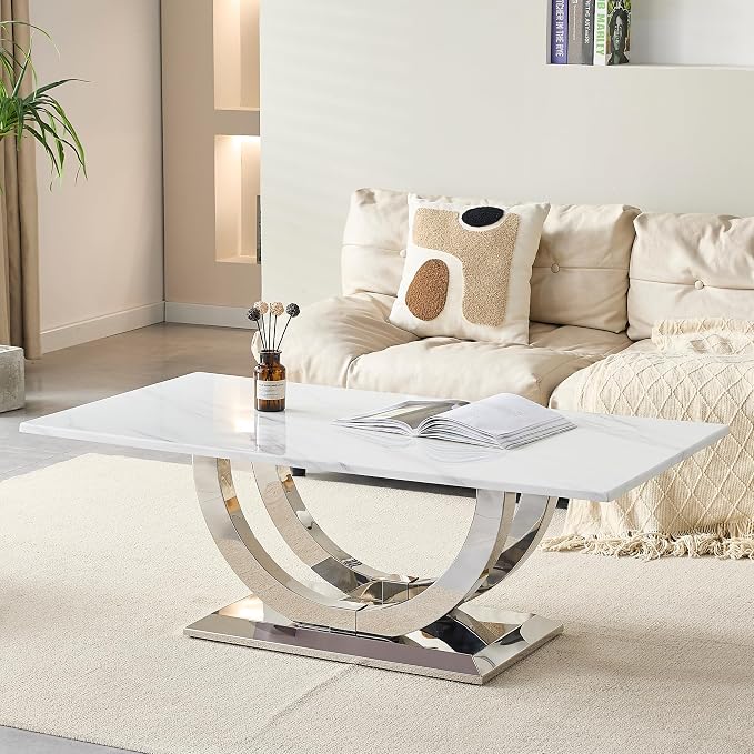 White Faux Marble & Silver - Coffee Table
